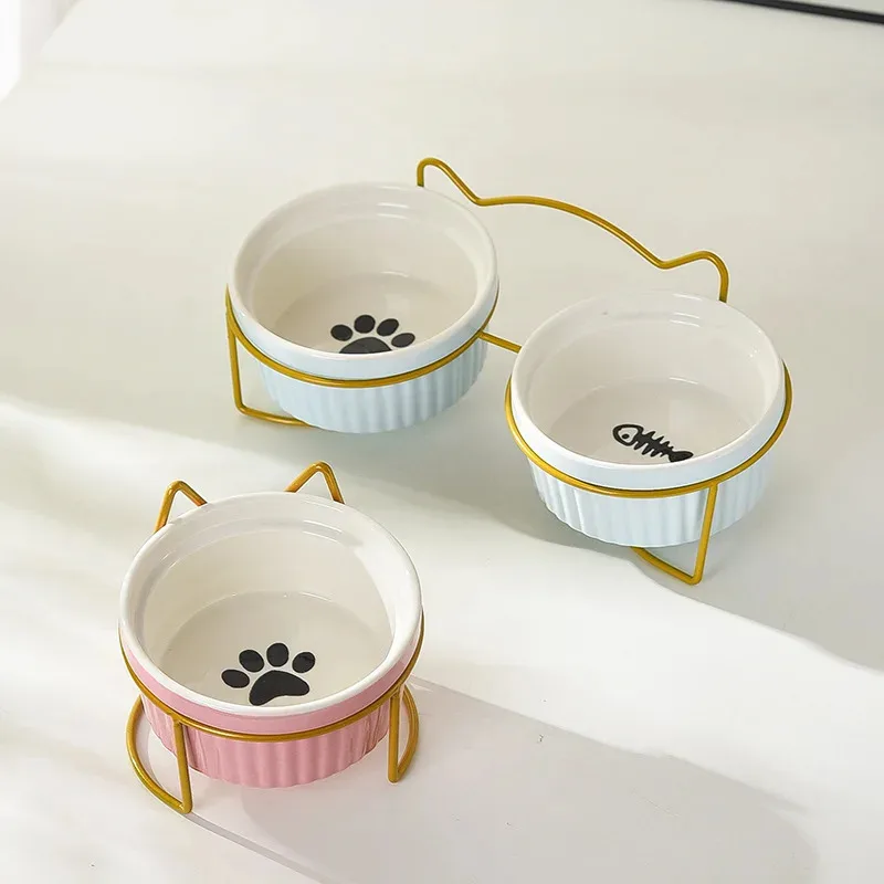 

Anti-Neck Strain Cat Bowl Set-Elevated Ceramic Dish with Iron Stand, Angled Design for Food & Water,Striped Pattern (CE)