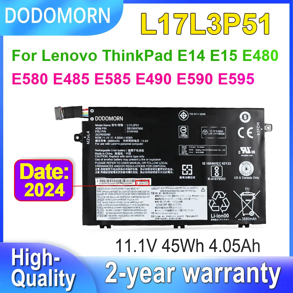 

Аккумулятор DODOMORN L17L3P51 для ноутбука Lenovo ThinkPad E15 E480 E490 E495 E580 E585 E590 E595 01AV446 01AV445 L17M3P53, 11,1 В, 45 Вт/ч