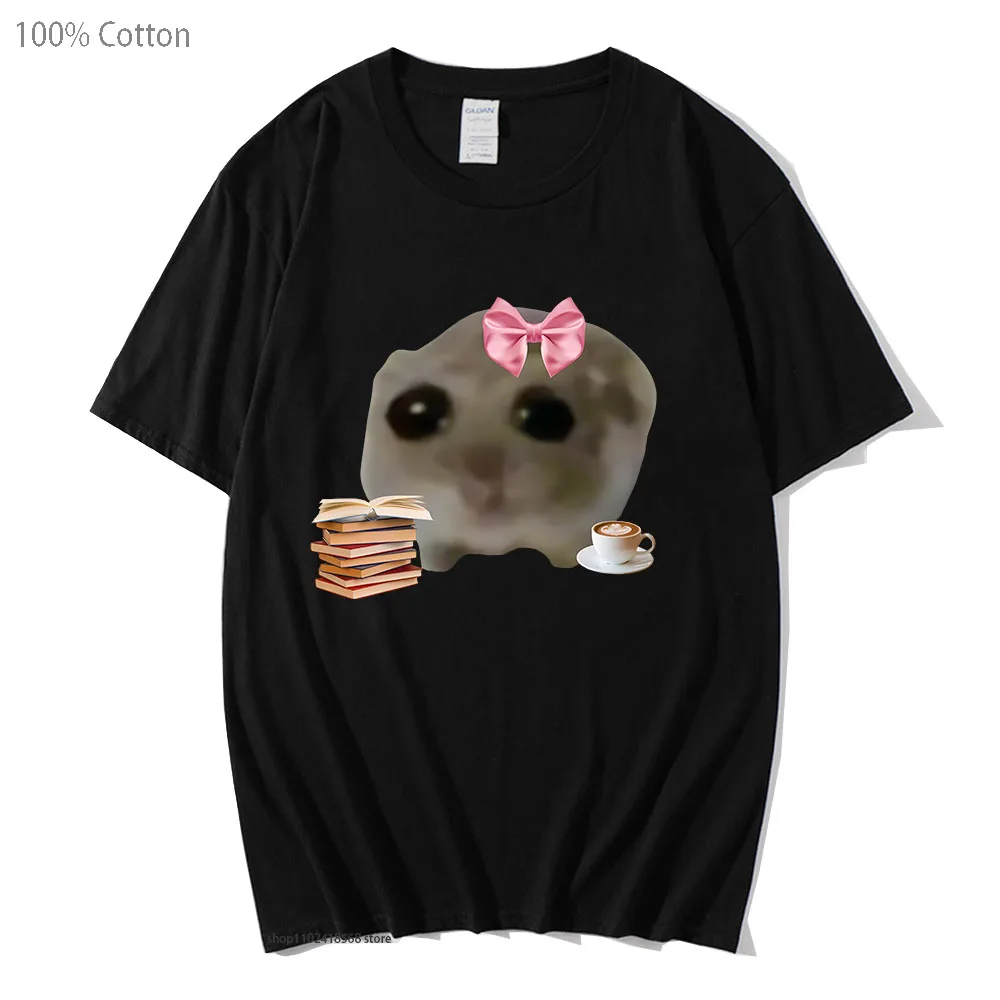 

Sad Hamster Meme T-Shirts Reading Books Graphic Shirt Kawaii Cute Girls Casual 100%Cotton Women/Men Tee-shirt Y2k Clothes Unisex