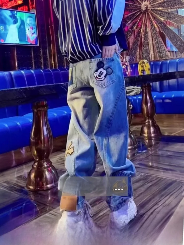 

plus Size Women's Straight Leg Cartoon Denim Pants High Waist Wide Leg Pants Casual Low Waist Long Pants Deep Blue Light Blue