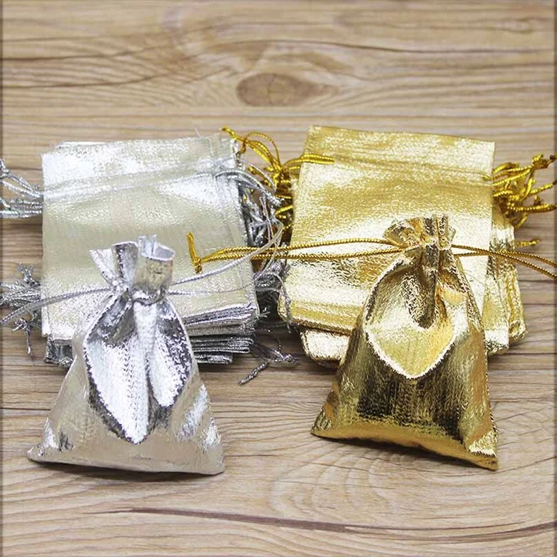 Bolsa con cuello de diseño especial de oro y plata de gran tamaño para regalos de boda, joyería de dulces y bolsas de joyería, 50 unidades