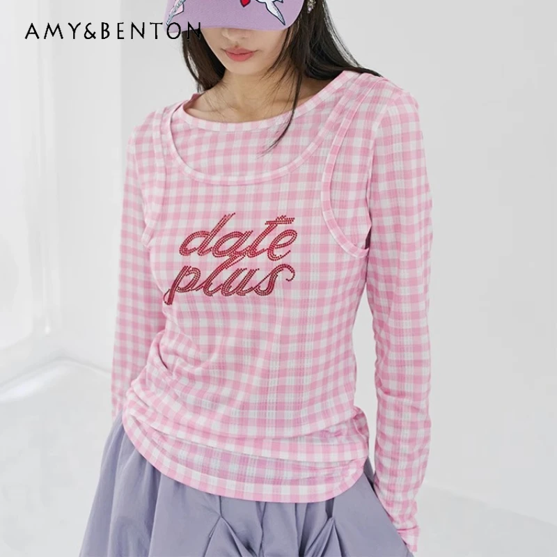 

Autumn New Plaid Rhinestone Fake Two-Piece Slimming Long Sleeve Women's Bottoming Shirt Japanese Design Thin Mesh T-Shirt Ladies
