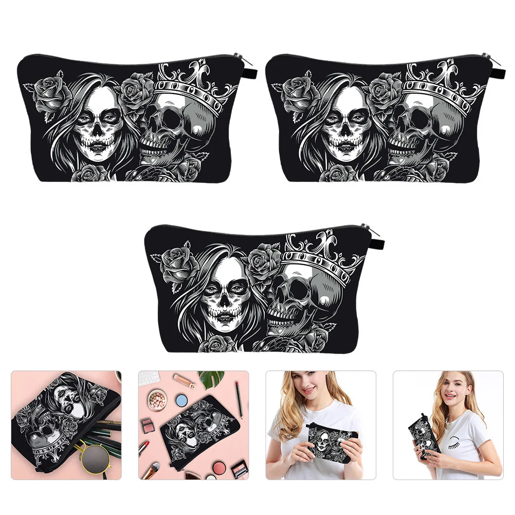 

3 Pcs Womens Black Wallet Bag Organizer for Traveling Skull Makeup Waterproof Tote