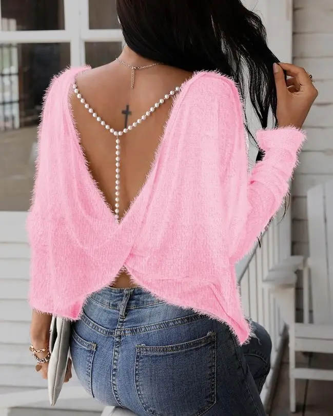 Fashion Woman Blouse 2023 Spring Beaded Strap Twisted Backless Casual Round Neck Plain Long Sleeve Daily Basic Fuzzy Tee Top