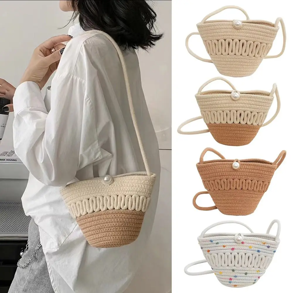 

Хлопковая тканая сумка через плечо, маленькая повседневная соломенная тканая сумка, модная летняя пляжная сумка