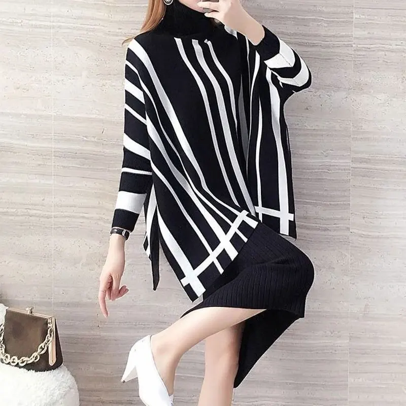 Korean Loose Striped Knitted Jumpers Women\'s Clothing Casual Fashion Split Commute Autumn Winter All-match Turtleneck Sweaters