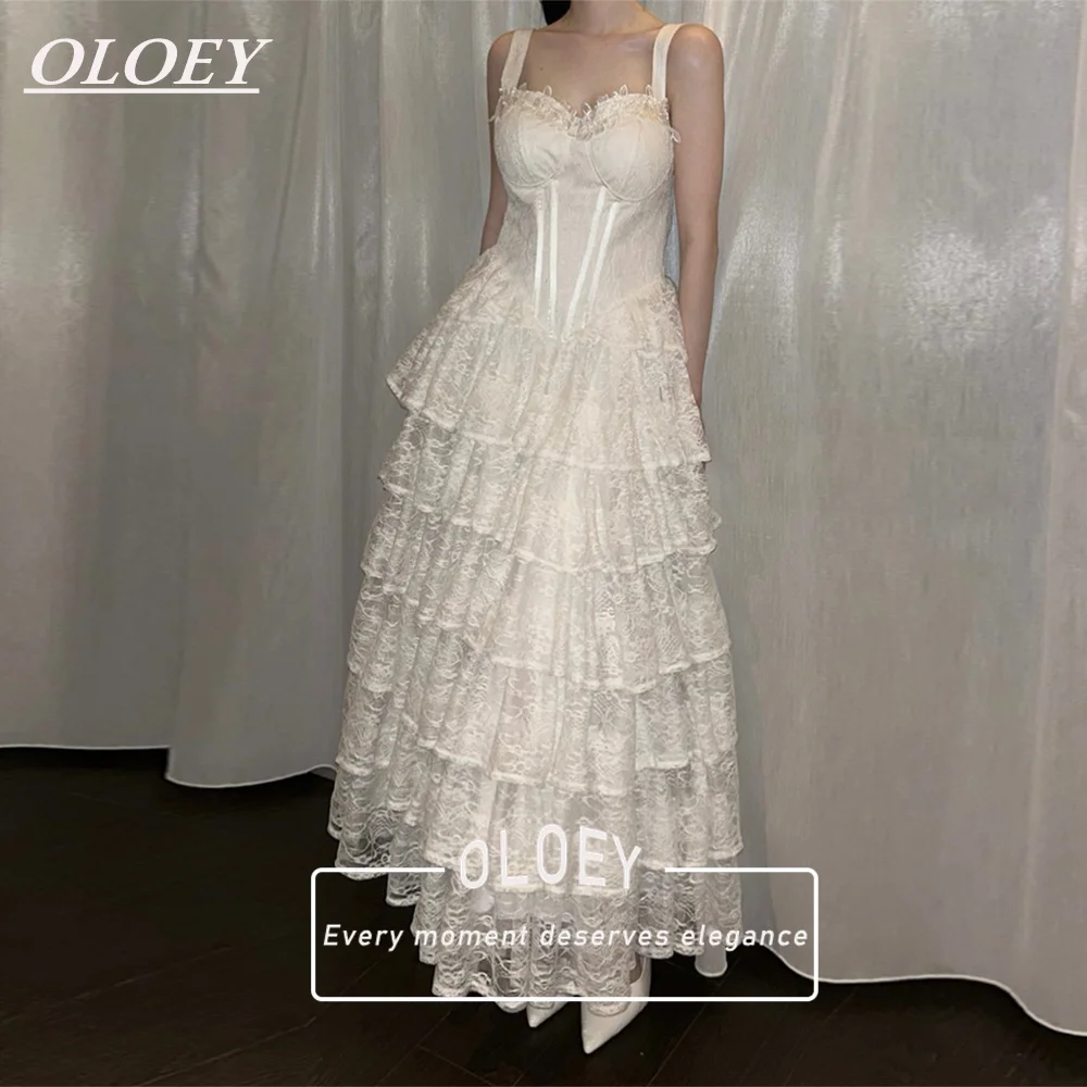 OLOEY Modest A-Line Wedding Dress Pleated Muti-Layed Lace Bridal Gown Sweetheart Neck Ankle Length Lolita Gown Cutsomized Corset