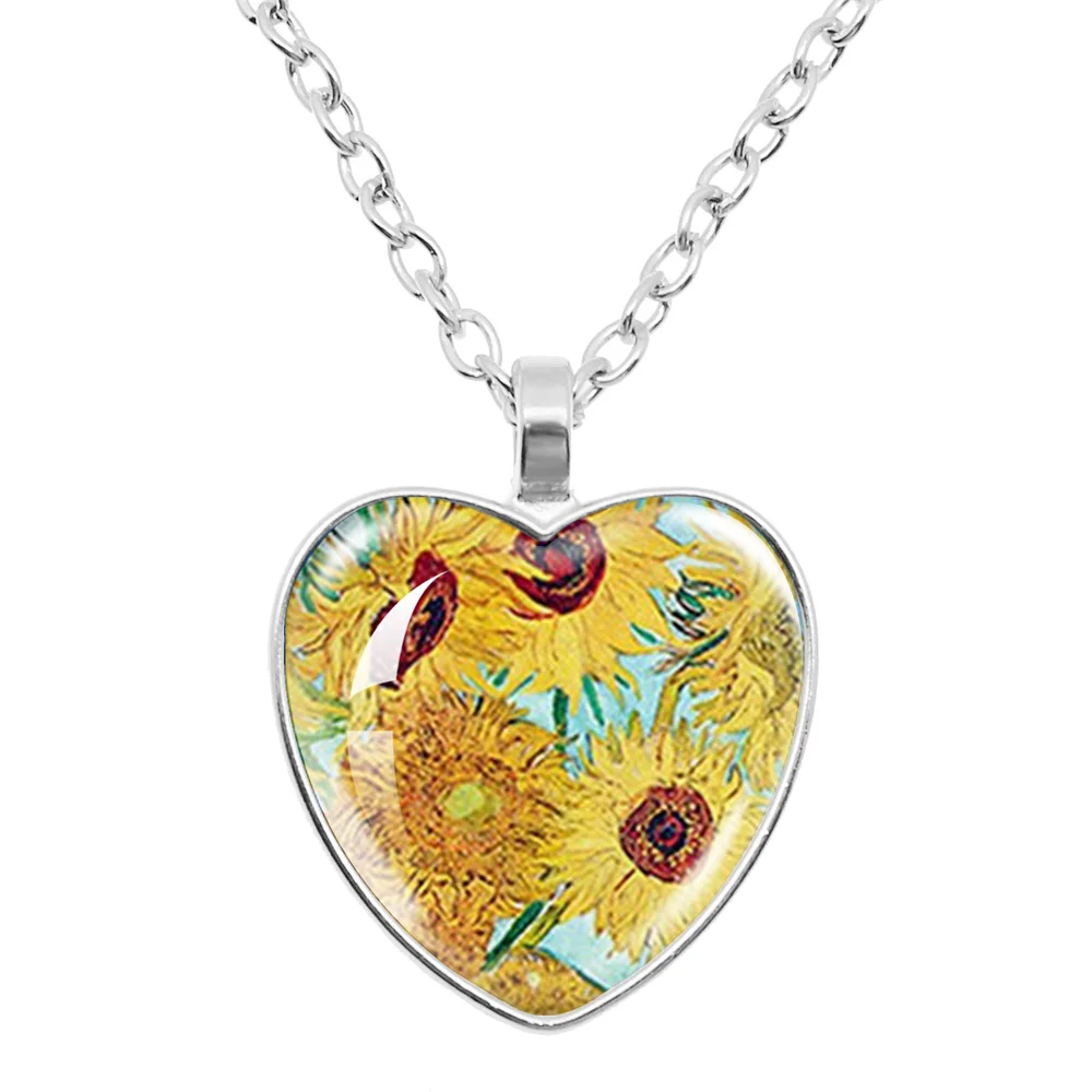 Fashion Van Gogh Art Starry Night Sunflower Necklace Glass Cabochon Painting Heart Pendant Printed Photo Necklaces