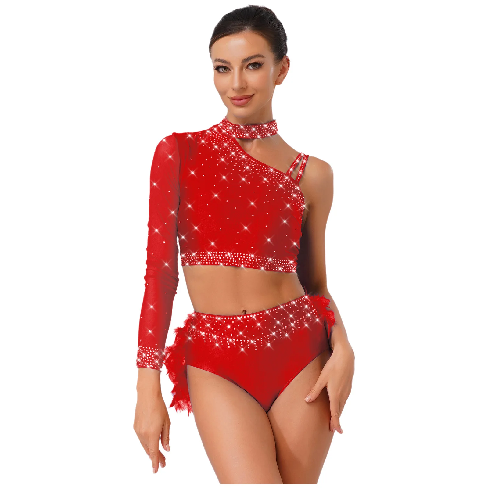 Women Latin Dance Outfits Rhinestone One Shoulder Long Sleeve Crop Top with Feather Briefs Figure Skating Chacha Tango Costume