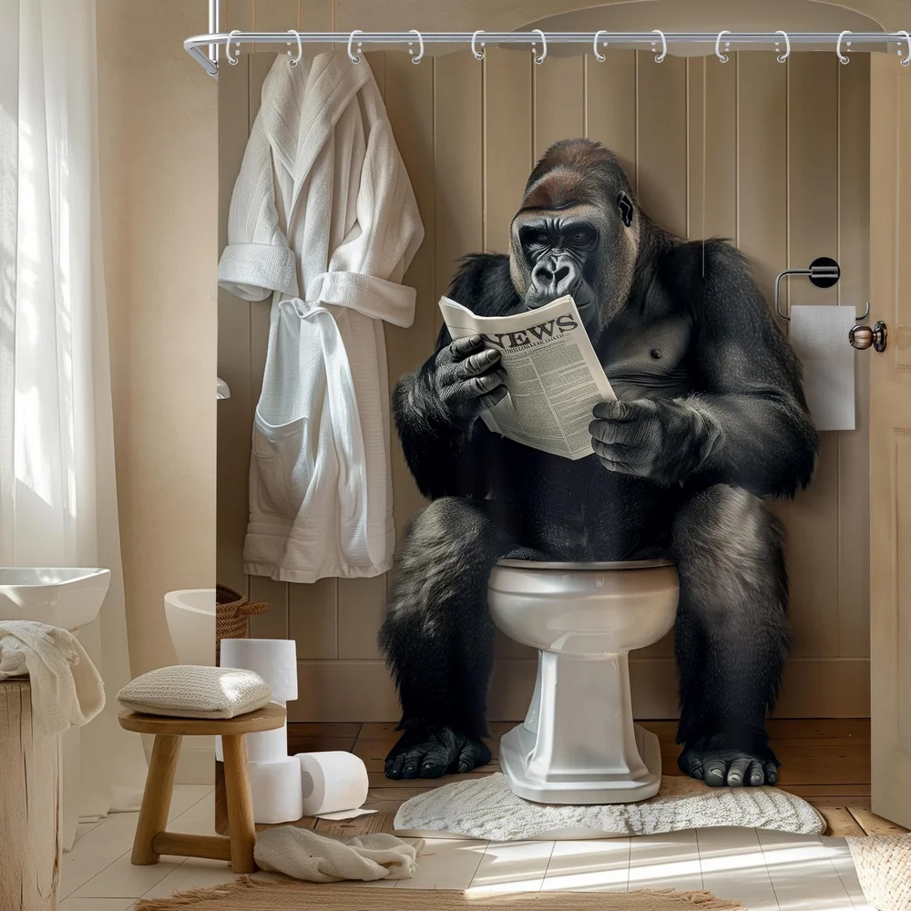 Funny gorilla sitting on toilet shower curtain Humorous bathroom decoration curtain , including 12 hooks, modern bathroom design