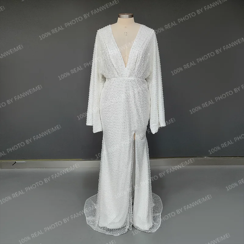 Vestido de novia con lentejuelas y escote en V para mujer, ropa de novia con abertura en la espalda, cola de barrido, 8993