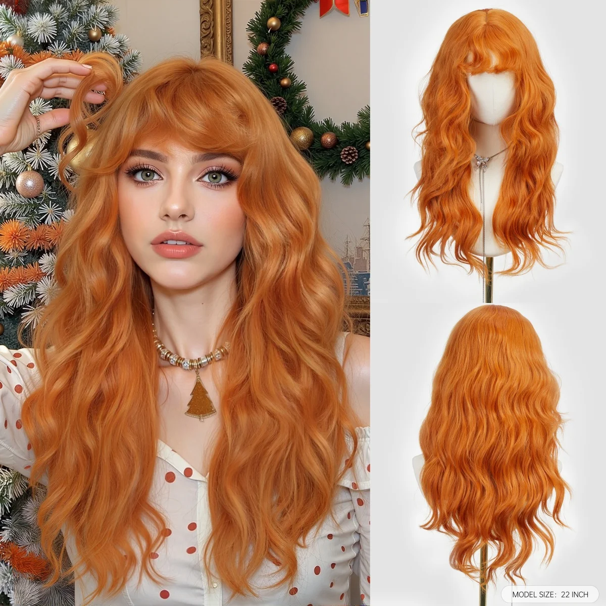 アラン・イートン オレンジ ウェーブ シンセティックウィッグ 前髪付き ロング カール ウェーブウィッグ 女性用 ウィッグ デイリー クリスマスパーティー用 耐熱性