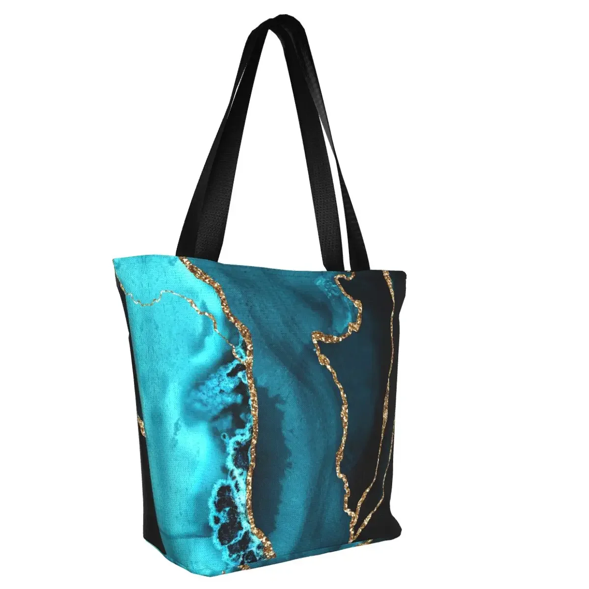 Teal Blue And Gold Hues Marble Agate Canvas Shopping Bag Women Recycling Grocery Geometric Abstract Modern Tote Shopper Bags