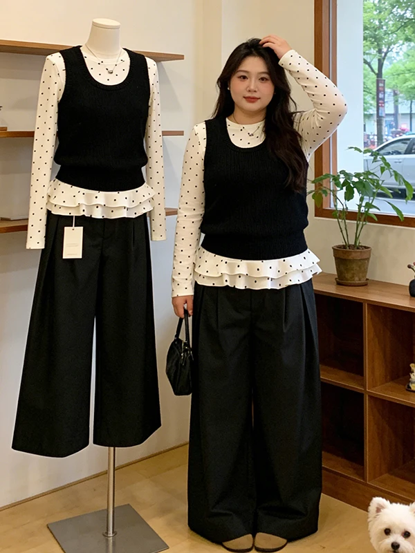 

Fashionable Anti-Aging plus Size Set Women's Spring New Polka Dot Long Sleeve Base Shirt Black Vest Wide Leg Pants Three Piec...