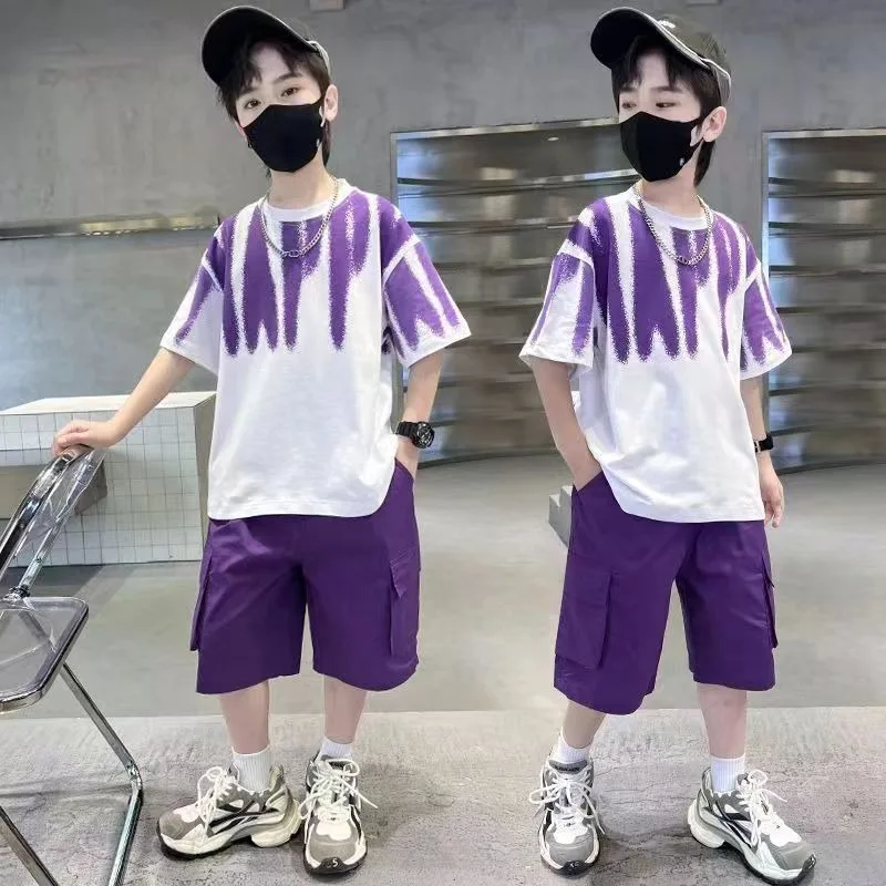 Korean Children's Top and Bottom Clothes Set 2025 Comfortable Sports Casual Summer Kids Boys T-Shirt+Shorts 2-Piece Set 4-13Y