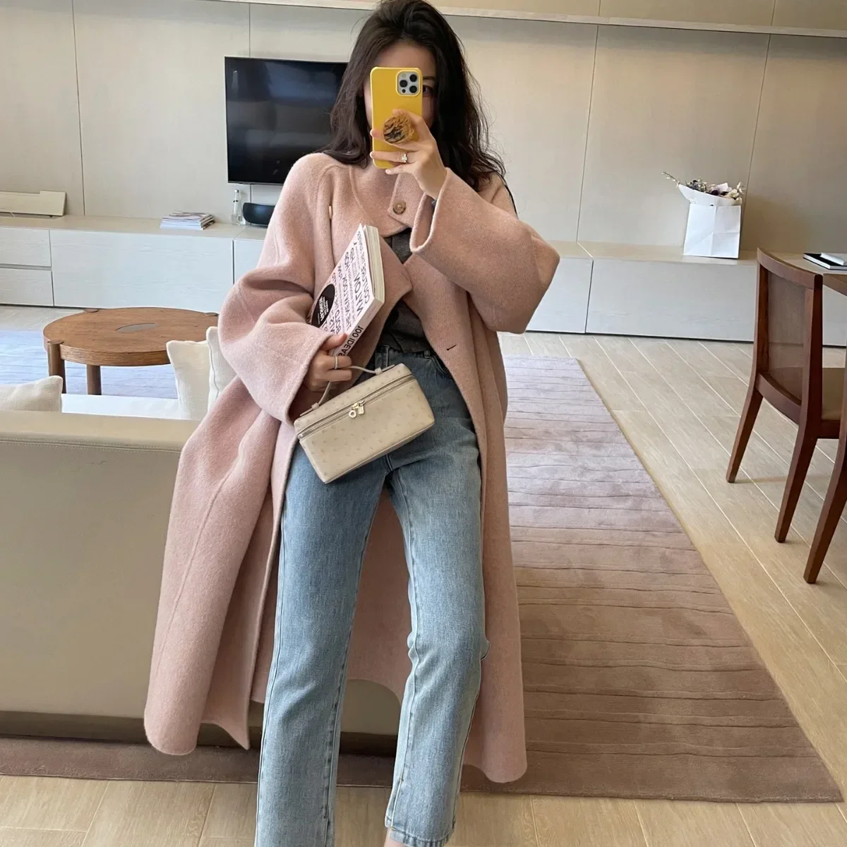 Double-sided cashmere coat, new oblique stand-up collar long-haired thickened long A-version wool double-sided tweed coat for