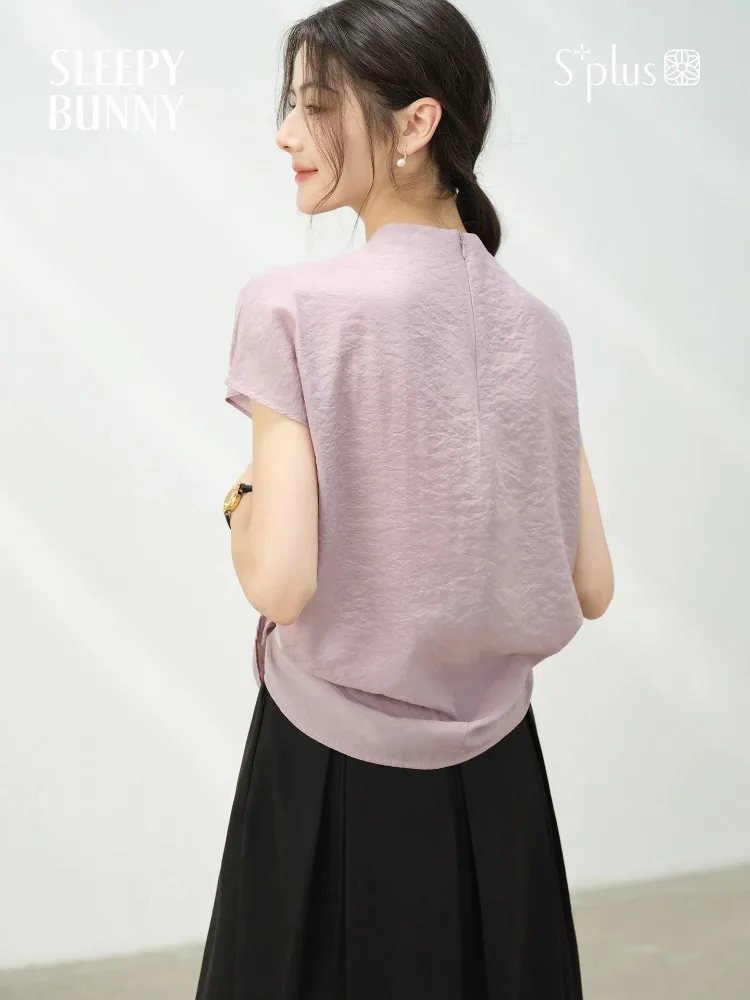 

Elegant Lilac Textured Mock Neck T-Shirt Women Summer Loose Short Sleeve Blouse Lightweight Casual Chic Top Office Daily Wear