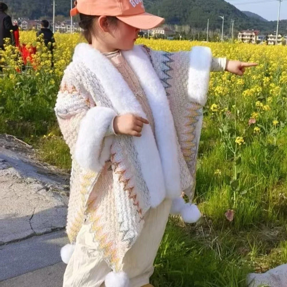 

Детское монгольское пончо с воротником из искусственного меха, зимний теплый полосатый кардиган, шаль с кисточками, вязаная накидка из искусственной шерсти в этническом стиле