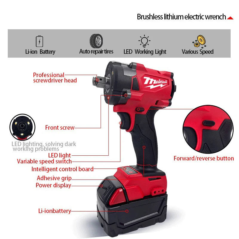 

for Milwaukee BatteryBrushless Cordless Electric Wrench 1/2 Car Truck Repair Screwdriver Impact Drill Rechargable 18V Power Tool
