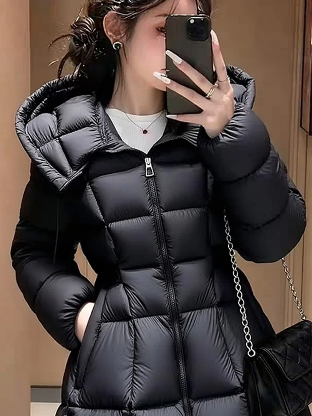 중간 길이 벨트가 있는 여성용 면 재킷 스퀘어 디자인 패셔너블 다용도 겨울 외투