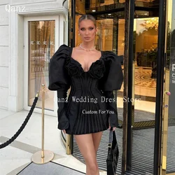 Qanz Fashion Black Prom Dress Long Sleeves Abito Elegante Donna Cerimonia Lusso Handmade Flowers Vestidos De Fiesta Customized