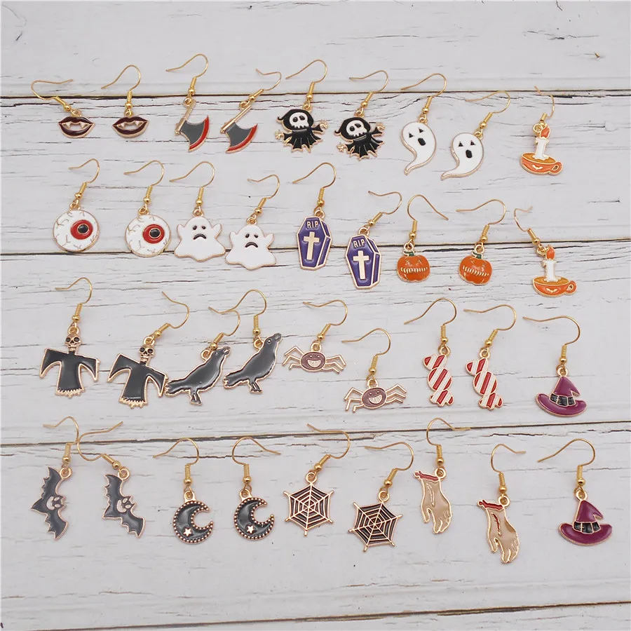 1/18 Pair Enamel Cartoon Halloween Drop Earrings Alloy Ghost Death Raven Bat Spider Eye Moon Pumpkin Long Earrings Party Jewelry