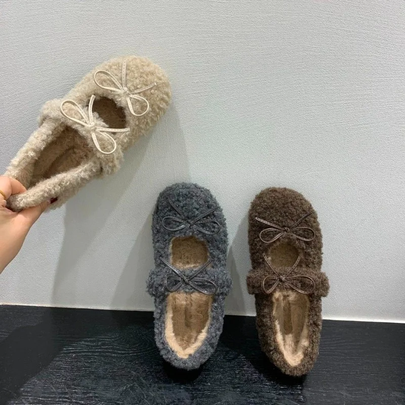 

Fashion Mary Jane Shoes for Women Loafers Hook & Loop Flat Low Heels Round Toe Shoes Woman Solid Fur Butterfly-knot Women
