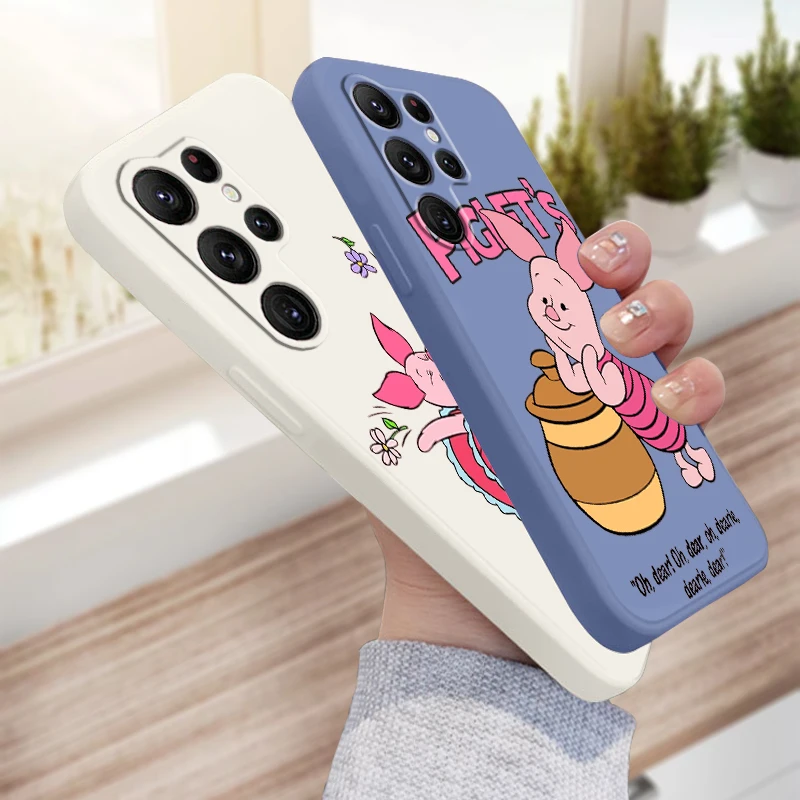 

Disney Piggy Cartoon Cute Pink Liquid Left Rope For Samsung Galaxy S24 S23 S22 S21 S20 FE S10 Ultra Plus Lite 5G Back