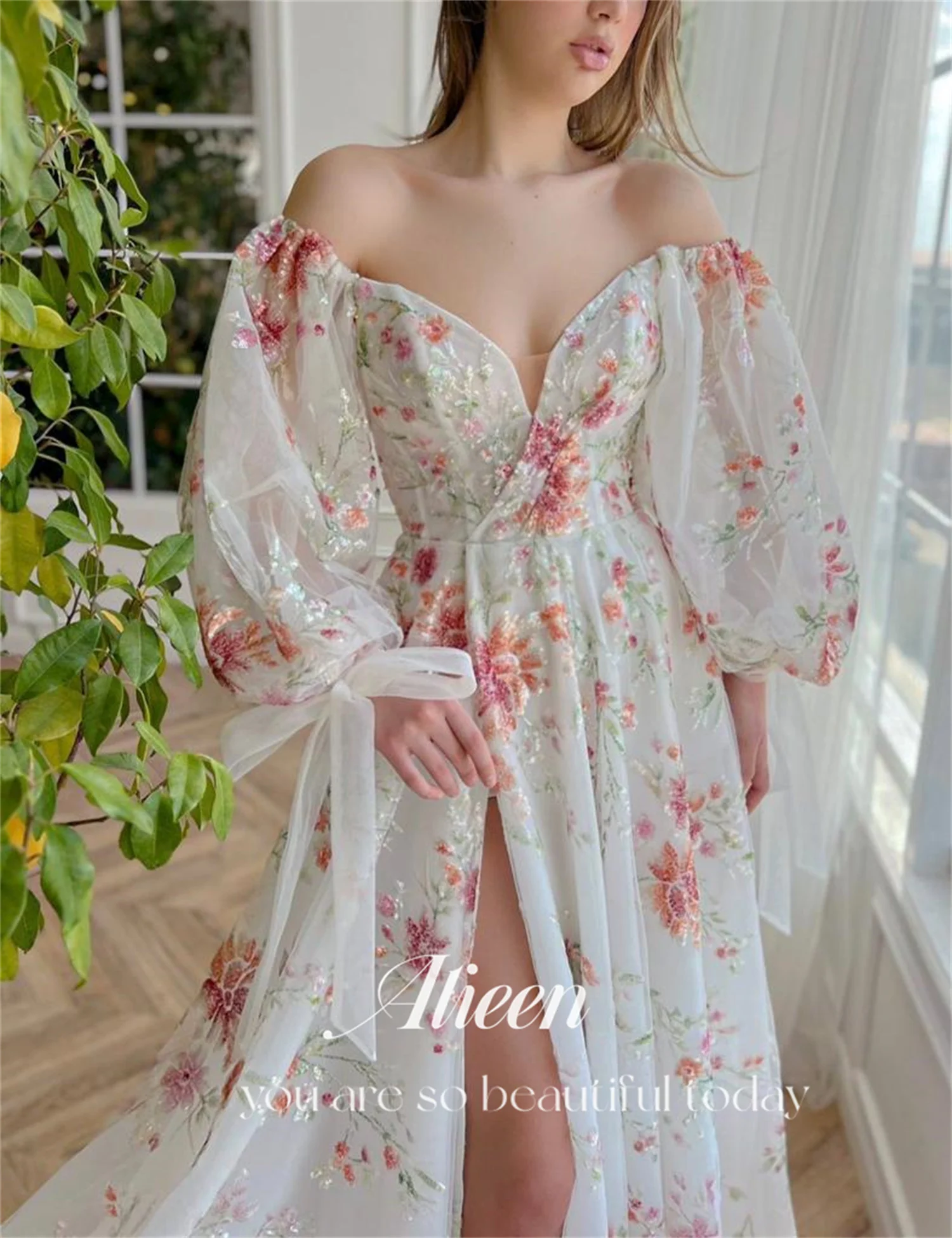 Aileen vestidos de fiesta elegantes con lentejuelas y cuentas, vestidos de noche con apliques de flores, mangas abullonadas, abertura lateral alta, línea A