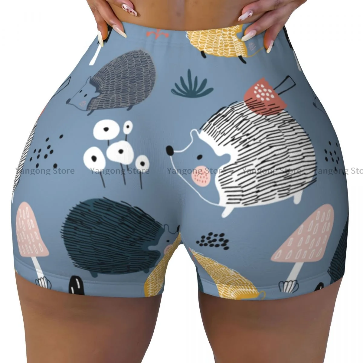 

Spandex Yoga Shorts for Women Cute Hedgehogs And Mushrooms Workout Booty Shorts