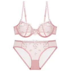 Logirlve Ensemble de lingerie sexy en dentelle transparente ultra-fine rose lotus avec broderie exquise pour femmes