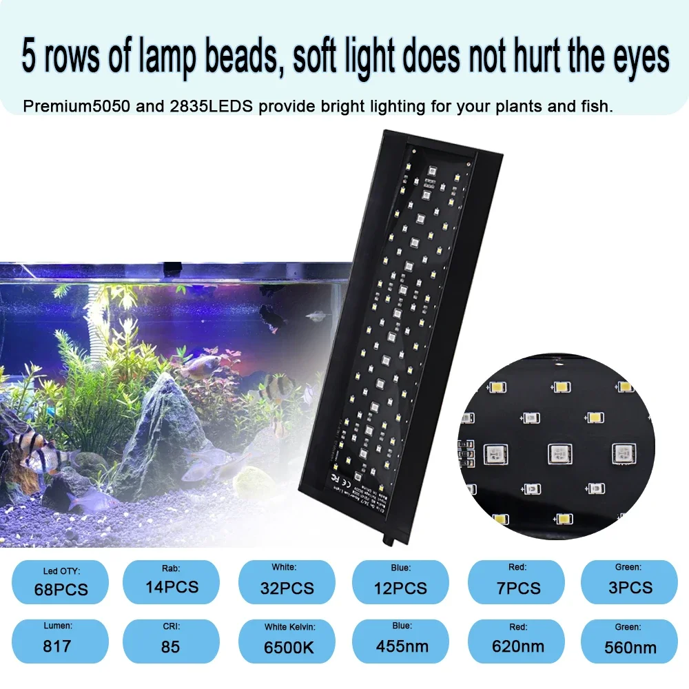 24/7 Aquarium Full Spectrum Lighting LED Light 14W Fish Tank Decoration Aquatic Plant Growth IP68 Waterproof Light 110V-240V