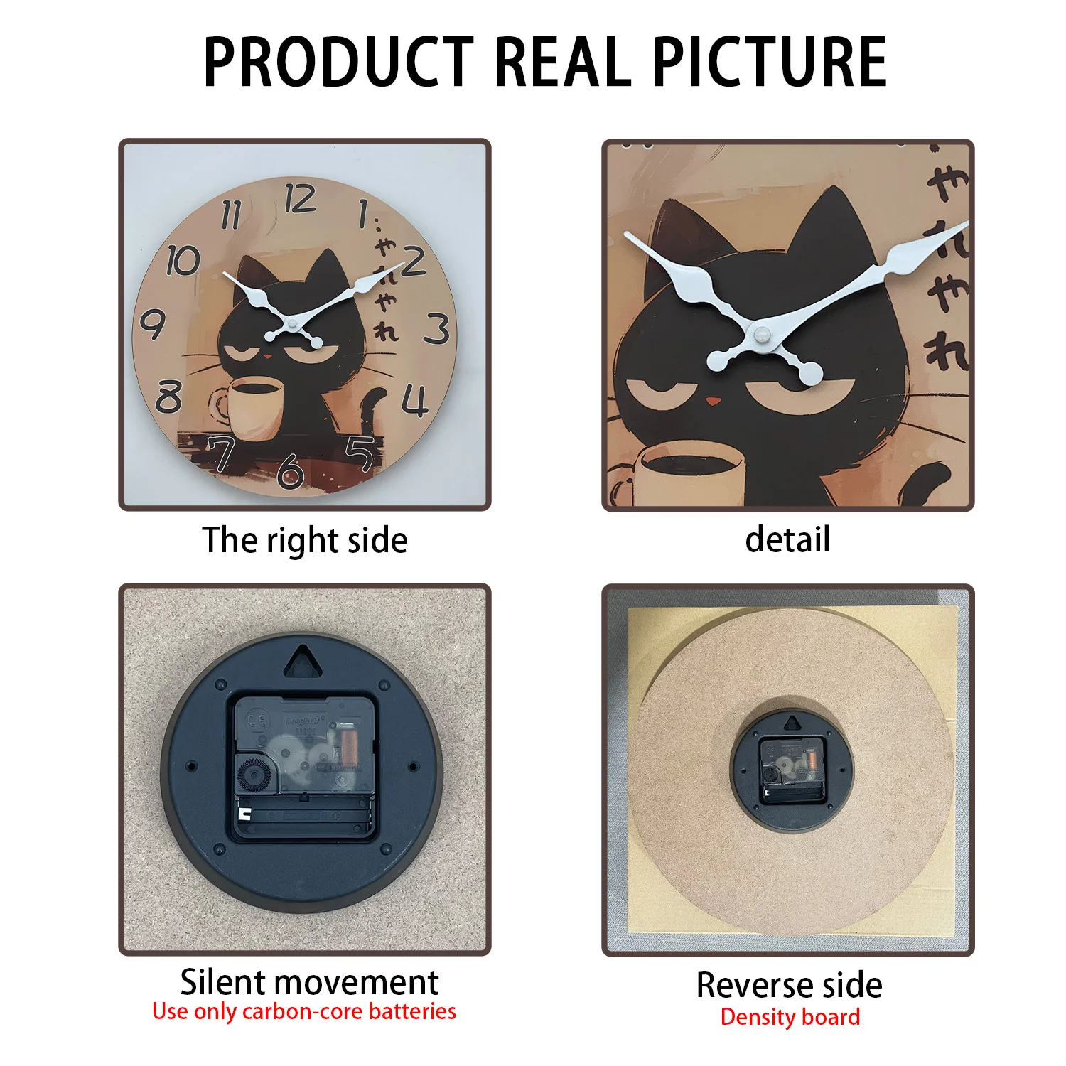 الرجعية لطيف القط الأسود شرب القهوة نمط ساعة حائط خشبية غرفة المعيشة غرفة نوم المطبخ ديكور المنزل ساعة حائط ساعة كوارتز صامتة هدية عيد 10 بوصة 12 بوصة 14 بوصة 16 بوصة (بدون بطاريات) #4