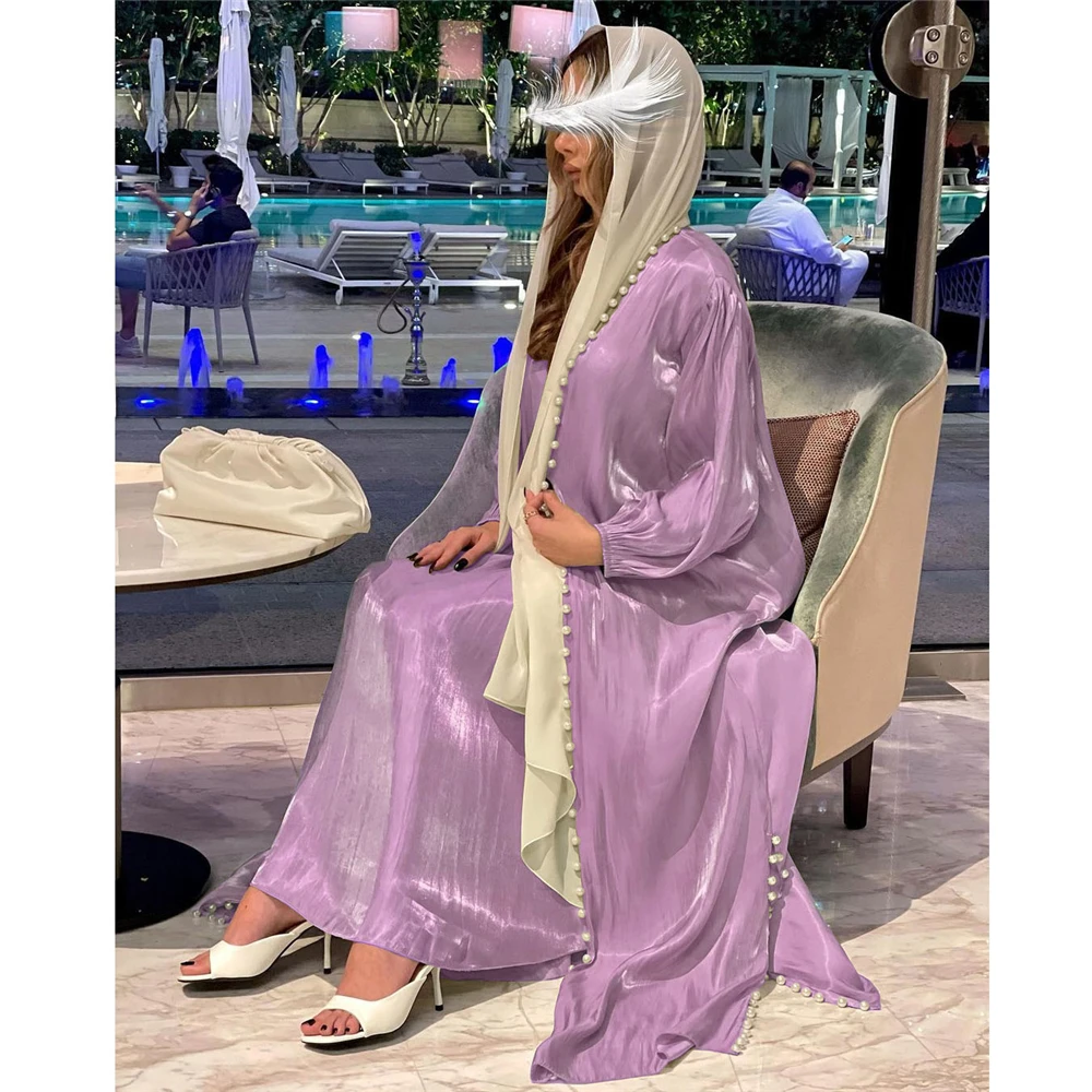 Shiny Satin Elegant Women Muslim Open Abaya 2 Piece Set Kimono Beads Maxi Dress Dubai Turkey Ramadan Robes Gown Modest Clothing