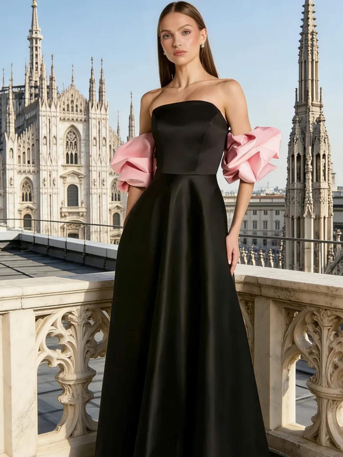 Customized Black Satin Formal Evening Dress Strapless Detachable Blush Pink Puff Sleeves A Line Backless Floor Length Maxi Gown