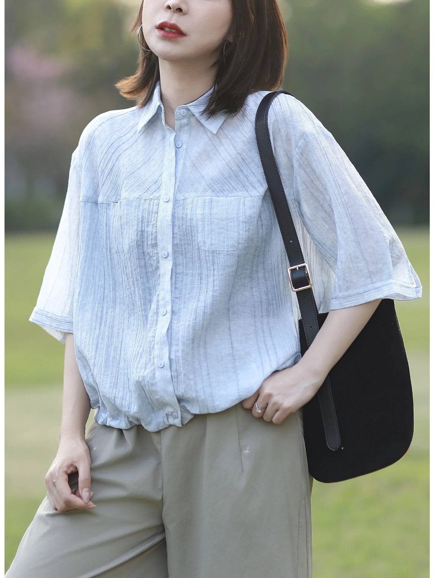 

Tree Also Simple High-End Loose Fit Women's Shirt Spring Summer New Style Mid-Sleeve Turn-down Collar Breathable Comfortable