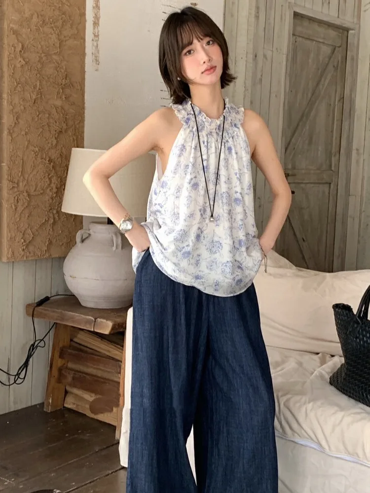 

Retro Watercolor Painting Ne Hanging Strap Women's Summer Outdoor Wear Loose Floral Svel Top Korean Sle Versatile