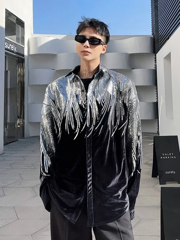 

Faionable Long Sve Velvet irt with Heavy Embroidery Sequins Stage Performance Nightclub Dancing Personali ow Sle