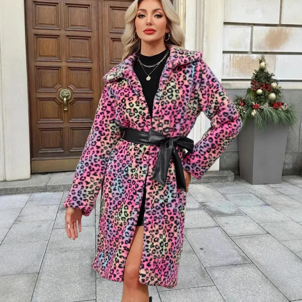 2026 Autumn Winter New Leopard Print Faux Fur Women Turn Down Collar Long Coat Warm Outerwear Multi Colors Multi Sizes Available