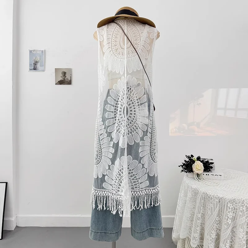 Robes d'été femmes col rond crochet fleur conception fendu gland mi-longue Robe sans manches chevauchement Robe décontractée