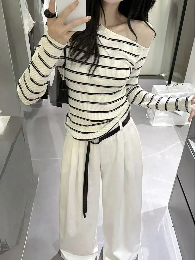 سليم صالح مخطط متماسكة أعلى oulder عارية طويلة Sve قاعدة طبقة الكورية Sle تخفيف الخريف Faion الحفاظ على الدفء #5