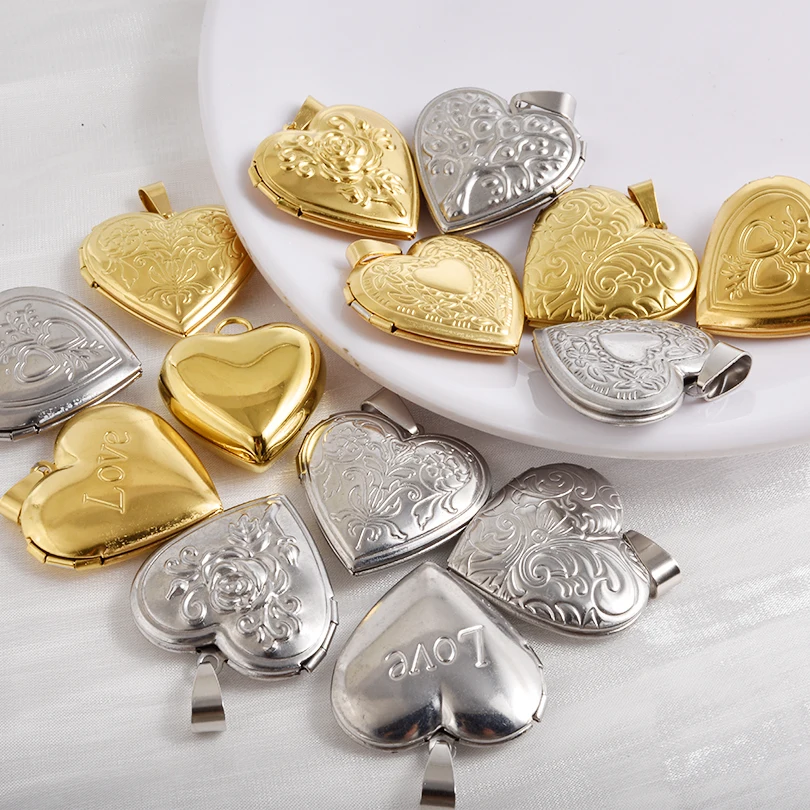 3Pcs Stainless Steel Carved Heart Memorial Family Photo Locket Pendant Trendy Engraved Flower Tree Picture Frame Box Colgante