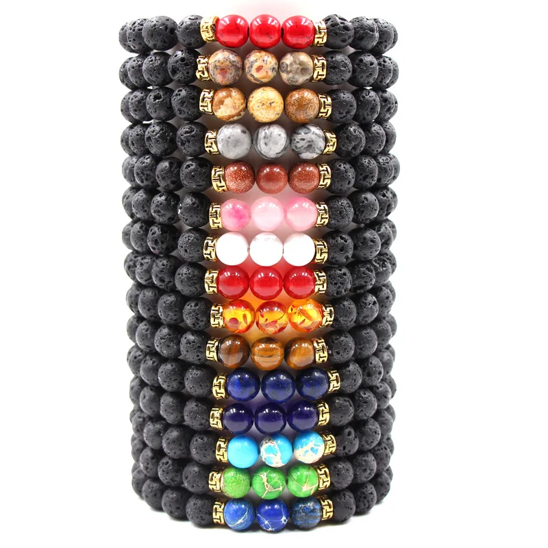 

10pcs 8MM Black Lava Stone Tiger Eye Chakra Beads Bracelet Couple Stone Energy Yoga Bracelet Women Men