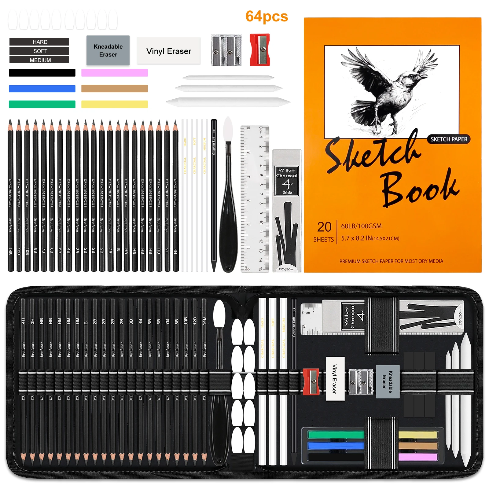 Kit de Dessin Professionnel 29-69 Pièces – Crayons Graphite et Fusain avec Outils de Mélange et Gommes pour Artistes et Adultes – Idéal Cadeau