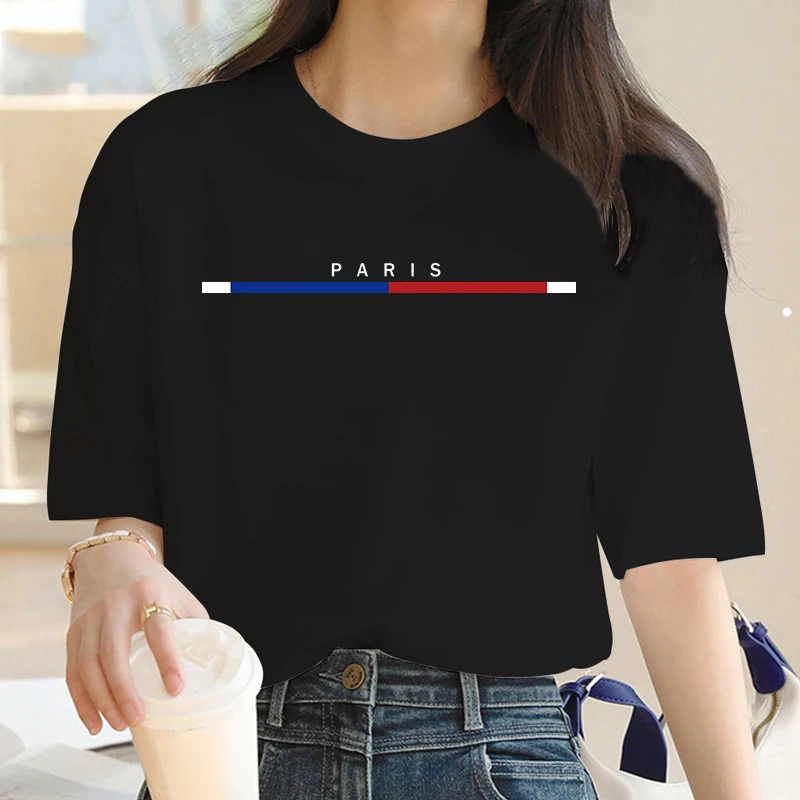 Red and blue bar Paris letter T Shirt Women Summer Tops Cartoon Heart Graphic Tees Cute Disney Anime T-shirt Female Tshirt