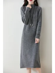 Women's Pure Wool Knitted Dress, High Collar, Straight, Long Skirt, Casual, Fashionable, Warm, 2024 Autumn/Winter