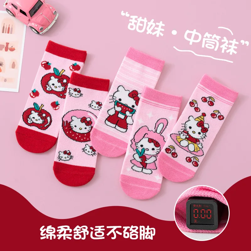 

5-Pair Pack for KT Mid-Calf Socks Cute Girls' Kawaii Cartoon Socks Comfortable Kids' Socks Spring/Summer Warm Gift