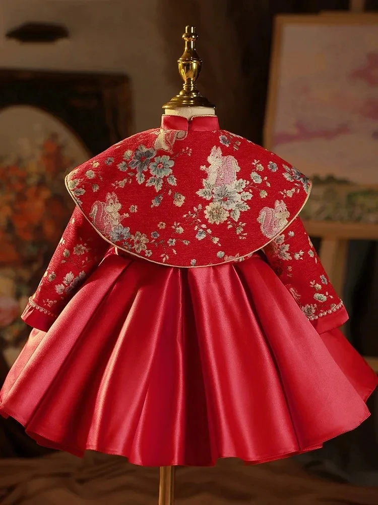 New Chinese style red Kids Vintage Dress for Girls Wedding Girl Dress Princess Party prom Pageant Gown christmas Children Dress