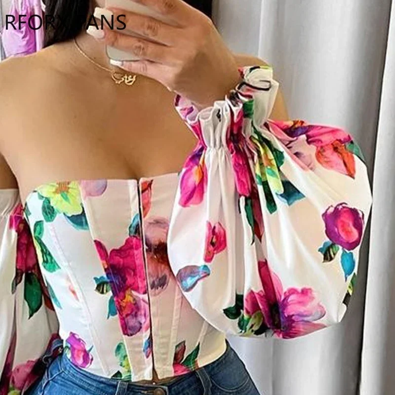 Women Off Shoulder Lantern Sleeve Floral Print Top for Women Top 2021