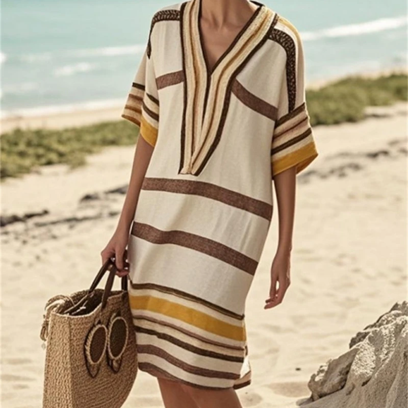 Sukienka damska w stylu vintage z nadrukiem, letnia, codzienna, z rękawem 3/4, sukienki plażowe na wakacje, sukienki damskie z dekoltem w serek, luźne sukienki do pracy, styl boho.